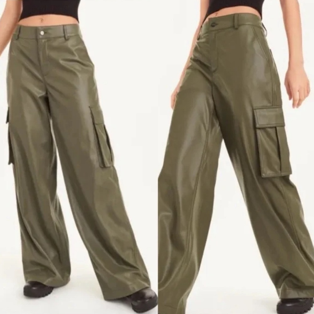 NWOT DKNY Faux Leather Cargo Pants In Olive